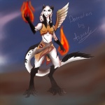 anthro biped clothed clothing feathered_wings feathers female fire front_view magic simple_background solo standing tail wings aspeel dantalian_letrou_(character) mammal sergal 1:1 signature