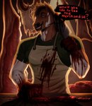 anthro blood bodily_fluids butcher butcher_apron clothing knife male solo text text_on_clothing konina broderick_longshanks equid equine horse mammal absurd_res hi_res