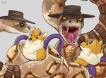 anthro anthro_prey black_nose blonde_hair brown_body brown_clothing brown_hat brown_headwear brown_scales clothing duo feral feral_pred fur grey_background hair hat headgear headwear horn imminent_vore male mouth_closed multicolored_eyes nude open_mouth pupils purple_horn red_eyes scales sharp_teeth short_hair simple_background slit_pupils tan_body tan_scales teeth text two_tone_eyes white_body white_fur yellow_body yellow_eyes yellow_fur roobin rango_(movie) rattlesnake_jake canid canine mammal reptile scalie snake artist_name hi_res