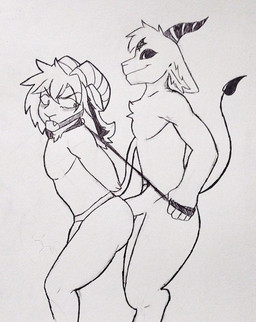 anthro ball_gag bdsm collar collar_pull duo gag male male/male entity220 lucius_(neepybeepy) yagi_kuzumaki bovid caprine demon goat mammal