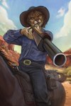 2022 5_fingers aiming_at_viewer aiming_gun aiming_weapon anthro belt belt_buckle blue_clothing blue_shirt blue_topwear bottomwear brown_belt brown_body brown_cowboy_hat brown_fur brown_hair clothed clothing cloud cougar cowboy_hat cowboy_outfit dress_shirt equid equine felid feline fingers front_view fully_clothed fur grey_bottomwear grey_clothing grey_pants gun hair hat headgear headwear hi_res holding_gun holding_object holding_ranged_weapon holding_shotgun holding_weapon horse horseback_riding luke_(contritecougar) male mammal marmoratus messy_hair one_eye_closed outside pants pink_nose pointing_gun ranged_weapon riding saddle saddle_bag shirt shotgun sky slim slim_anthro slim_male snout solo_focus topwear weapon wishbone_mouth yellow_body yellow_fur