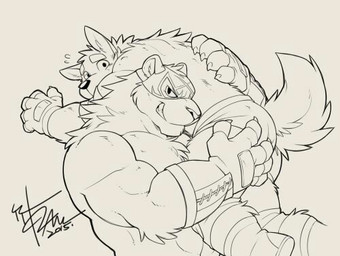 abs biceps butt butt_grab carrying_another chest_tuft clothing duo fingerless_gloves fur gloves hand_on_butt handwear male mask muscular muscular_male pecs shoulder_carry tuft takemoto_arashi hiro_(takemoto_arashi) ray_(takemoto_arashi) canid canine canis domestic_dog felid mammal pantherine 2015 low_res signature