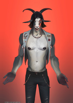5_fingers abstract_background alternative_fashion anthro black_nipples body_hair bovid_horn caprine_horn chain chest_hair clothed clothing denim denim_clothing denim_topwear denim_vest eyeshadow eyeshadow_makeup fingers goat_horn grey_body hair hair_over_eye horn jewelry looking_at_viewer makeup male navel necklace nipples open_clothing open_mouth open_shirt open_topwear pants_chain patched_clothing piercing pose punk punk_hair red_background rock_(genre) shadow shirt simple_background solo teeth text topwear vest purplebirdman simon_(purplebirdman) bovid caprine goat mammal 2026 colored_sketch digital_media_(artwork) digital_painting_(artwork) hi_res painting_(artwork) portrait shaded sketch three-quarter_portrait url