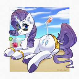 beverage bikini blue_eyes chest_tuft clothing cutie_mark day drinking_straw eyelashes eyewear female glowing glowing_horn gold_bikini hair hooves horn inner_ear_fluff juice_(beverage) magic outside purple_hair purple_hooves purple_tail smile solo sunglasses sunscreen swimwear tail tuft two-piece_swimsuit white_body katoda friendship_is_magic golden_week hasbro my_little_pony rarity_(mlp) equid equine horse mammal pony 1:1 hi_res