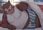 anthro bed belly black_nose blanked brown_body clothing detailed_background furniture humanoid_hands kemono male overweight overweight_male shirt solo topwear underwear agitoryuusaki canid canine mammal 2024 absurd_res hi_res