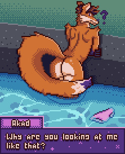 accident accidental_exposure anthro brown_hair butt clothing dialogue dialogue_box embarrassed fur grey_body grey_fur hair leaning leaning_forward leaning_on_object long_tail looking_at_viewer male oblivious orange_body orange_fur outside pink_clothing pink_speedo pink_swimwear public purple_body purple_eyes purple_fur rear_view skinny solo speedo swimming_pool swimwear tail text wardrobe_malfunction water white_body white_fur akadthefox akad_(akadthefox) canid canine fox mammal digital_media_(artwork) english_text pixel_(artwork) nonbinary_(lore)