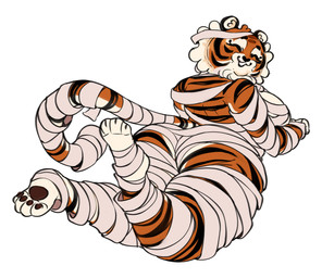 anthro big_breasts big_butt big_cheeks black_claws black_ears black_nose black_stripes body_wraps breasts brown_pawpads butt cheek_tuft claws clothed clothing covered_breasts eyelashes eyes_closed facial_markings facial_tuft female head_markings inner_ear_fluff long_eyelashes long_tail looking_back lying markings mummy_costume mummy_wrappings neck_tuft nude nude_anthro nude_female on_front open_mouth open_smile pawpads paws pose raised_paw rear_view simple_background skimpy slightly_chubby slightly_chubby_anthro slightly_chubby_female small_ears smile solo striped_arms striped_back striped_body striped_butt striped_face striped_markings striped_tail stripes tail tail_markings tuft white_background white_breasts white_inner_ear white_inner_ear_fluff wraps highlandkall naomi_(highlandkall) felid mammal pantherine tiger 2023 colored digital_drawing_(artwork) digital_media_(artwork) hi_res pinup