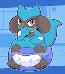 ambiguous_gender anthro bottomwear clean_diaper clothed clothing diaper diaper_down diaper_only looking_at_viewer potty potty_chair potty_training pull-ups_(diaper) solo topless underwear alliwaise nintendo pokemon generation_4_pokemon pokemon_(species) riolu hi_res