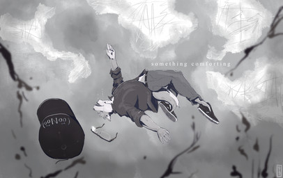 5_fingers anthro bodily_fluids bottomwear clothed clothed_male clothing crying eyewear fingers footwear glasses humanoid_hands male pants shirt shoes sneakers solo tears text topwear pinkgirlpen canid canine canis domestic_dog mammal shiba_inu spitz 2021 album_cover cover english_text greyscale hi_res monochrome signature