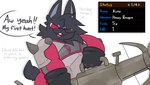 anthro armor black_body clothing gameplay_mechanics gun male ranged_weapon red_eyes solo underwear weapon rofakuro capcom monster_hunter kuro_(rofakuro) lagomorph leporid mammal rabbit colored comic