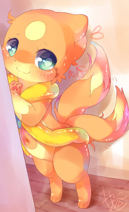 2_tails 3_fingers 3_toes against_surface against_wall ambiguous_gender arm_fin biped blue_body blush blush_lines bodily_fluids cheek_tuft detailed_background digitigrade dipstick_tail facial_tuft feet feral fin fingers fur gloves_(marking) heart_symbol inside looking_at_viewer markings multi_tail navel orange_body orange_fur pawpads paws pink_pawpads semi-anthro smile solo standing sweat sweatdrop tail tail_markings tan_body tan_fur tan_markings teal_eyes toes tuft yellow_body d685ab7f nintendo pokemon floatzel generation_4_pokemon mammal mustelid pokemon_(species) digital_drawing_(artwork) digital_media_(artwork) signature unavailable_at_source