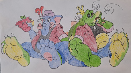 4_toes anthro barefoot blue_body bodily_fluids claws clothed clothing confusion crown cursed cursed_object drooling duo elephant_fruit fedora feet food foot_fetish foot_focus fully_clothed green_body hat headgear headwear holding_food holding_object hypnosis male mid_transformation midriff mind_control overweight saliva sitting soles spiral spiral_eyes toe_claws toes transformation barazany420 brok_the_investigator cowcat_games mario_bros nintendo super_mario_bros_wonder brok_(brok_the_investigator) elephant_mario king_koopa alligator alligatorid crocodilian elephant elephantid koopa mammal proboscidean reptile scalie hi_res