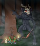 anthro antlers balls black_body black_fur black_sclera bodily_fluids candle claw_marks claws deer_ears detailed_background fog foggy_background forest forest_background fur genital_fluids genitals hooves horn humanoid_genitalia humanoid_penis looking_at_viewer male mask mask_only melee_weapon nature nature_background neck_tuft nude nude_anthro nude_male open_mouth outdoor_nudity outside penis plant polearm red_eyes short_tail shrine skull_mask solo spear tail teeth tree tuft weapon maddworld american_mythology indigenous_north_american_mythology mythology north_american_mythology mammal mythological_creature wendigo digital_media_(artwork) hi_res