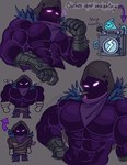 abs armor biceps big_muscles clothing deltoids faceless_character faceless_male gauntlets gloves growth hammerspace handwear hoodie huge_muscles male muscle_growth muscular muscular_humanoid muscular_male pecs purple_body purple_eyes purple_skin scarf smoking solo topwear its_coldpizza epic_games fortnite raven_(fortnite) humanoid hi_res