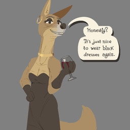 4_fingers aged_up alcohol anthro athletic athletic_anthro athletic_female beverage black_clothing black_dress black_eyeliner black_gloves black_handwear black_nose breasts brown_eyes choker clothing container countershade_fur countershading cup dress drinking_glass ear_piercing ear_ring elderly elderly_anthro elderly_female eye_bags eyelashes eyeliner female fingers fur glass glass_container glass_cup gloves gold_(metal) gold_choker gold_ear_ring gold_jewelry gold_necklace grey_background handwear holding_container holding_cup holding_drinking_glass holding_object holding_wine_glass jewelry long_eyelashes long_neck looking_at_viewer makeup neck_ring necklace piercing ring_piercing simple_background smile solo speech_bubble speech_bubble_drop_shadow standing tail talking_to_viewer tan_body tan_fur tear_trough text wine wine_glass conditional_dnp tangerine_(artist) pack_street avo_(weaver) african_golden_wolf canid canine canis egyptian_wolf mammal 1:1 2026 aliasing binary_drawing digital_drawing_(artwork) digital_media_(artwork) english_text portrait three-quarter_portrait