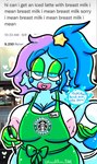 anthro apron apron_only areola big_breasts blue_body blue_eyes blue_hair breasts clothing female hair heart_symbol huge_breasts nipple_dip nipples pink_nipples solo star text lewdchuu_(artist) i_mean_breast_milk nintendo pokemon starbucks pyon_(lewdchuu) drizzile generation_8_pokemon pokemon_(species) english_text meme