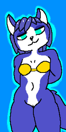 anthro black_nose blue_background blue_body blue_eyes blue_hair bottomless bottomless_anthro bottomless_female bra clothed clothing female female_anthro genitals hair looking_at_viewer navel simple_background slight_smile smile solo standing topwear underwear vulva white_body white_face yellow_bra yellow_clothing yellow_topwear yellow_underwear therealmessyroomguy1 nintendo star_fox krystal_(star_fox) canid canine fox mammal true_fox animated digital_media_(artwork) hi_res pixel_(artwork) pixel_animation
