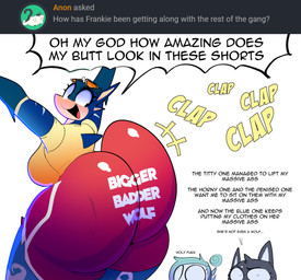 ambiguous_gender anthro ask_blog ass_clapping big_butt bottomwear breasts butt clothed clothed_anthro clothed_female clothing describing_butt dialogue dorsal_fin eyelashes eyewear female fin furgonomic_topwear furgonomics group hotpants huge_butt hyper hyper_butt looking_back onomatopoeia open_mouth open_smile pointy_speech_bubble profanity shorts smile sound_effects speech_bubble sunglasses text text_on_bottomwear text_on_clothing tight_bottomwear tight_clothing tight_shorts trio twerking capdocks mythology nintendo pokemon frankie_(capdocks) lumana_(capdocks) raijin_(capdocks) canid canine gardevoir generation_3_pokemon generation_6_pokemon greninja mammal mythological_canine mythological_creature pokemon_(species) werecanid werecanine werecreature werewolf 2020 absurd_res digital_drawing_(artwork) digital_media_(artwork) english_text hi_res female_(lore)