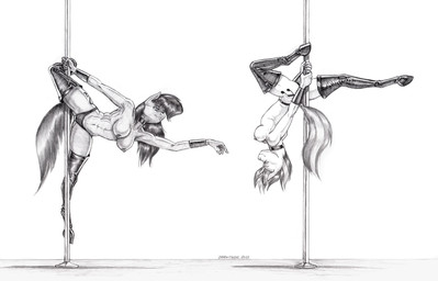 anthro big_breasts black_clothing black_panties black_underwear boots breasts camel_toe choker clothed clothing cutie_mark dancing duo female footwear hanging_breasts hooves horn jewelry leather leather_boots leather_clothing leather_footwear navel necklace nipples panties panties_only partially_clothed pole pole_dancing shoes simple_background spread_legs spreading stripper_pole suspension topless topless_anthro topless_female underwear underwear_only unguligrade white_background baron_engel friendship_is_magic hasbro my_little_pony mythology octavia_(mlp) vinyl_scratch_(mlp) earth_pony equid equine horse mammal mythological_creature mythological_equine pony unicorn graphite_(artwork) greyscale hi_res monochrome traditional_media_(artwork)