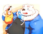 2022 anthro bear belly big_belly blue_eyes blush clothing humanoid_hands kemono kumazawow male mammal overweight overweight_male polar_bear scarf shirane_kan solo sweater topwear ursine utau white_body