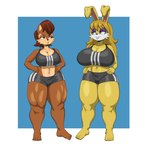 2024 absurd_res anthro archie_comics big_breasts blue_eyes bottomwear breasts brown_body brown_fur brown_hair bunnie_rabbot chipmunk cleavage clothed clothing crop_top duo eyeshadow feet female fur green_eyes ground_squirrel hair hand_on_hip hi_res lagomorph leporid long_hair makeup mammal megahand6 muscular muscular_female muscular_thighs rabbit rodent sally_acorn sciurid sega shirt shorts smile smirk sonic_the_hedgehog_(archie) sonic_the_hedgehog_(comics) sonic_the_hedgehog_(series) sports_bra_difference_meme thick_thighs topwear tree_squirrel yellow_eyes