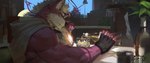 anthro black_clothing black_gloves black_handwear black_nose bottle clothed clothing container furniture glass gloves hair handwear holding_bottle holding_container holding_object inner_ear_fluff inside male mouth_closed muscular muscular_anthro muscular_male pink_body pink_ears side_view sitting solo table topwear tuft white_clothing white_hair white_inner_ear_fluff white_topwear yellow_eyes awaldkize canid canine mammal absurd_res hi_res