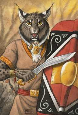5_fingers anthro belt black_body black_fur bracelet brown_body brown_fur buckle clothed clothing ear_piercing ear_ring ear_tuft falcata_(sword) female fingers fur holding_object holding_shield holding_weapon jewelry looking_at_viewer markings melee_weapon necklace open_mouth outside piercing plant ring_piercing shield shirt solo spots spotted_body spotted_fur standing sword tan_clothing tan_shirt tan_topwear teeth tongue topwear tree tuft weapon white_body white_fur wraps wrist_wraps yellow_eyes 0laffson felid feline iberian_lynx lynx mammal 2020 dated hi_res painting_(artwork) signature traditional_media_(artwork) traditional_painting_(artwork) traditional_watercolor_(artwork) watercolor_(artwork)