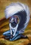 anthro biped bottomwear clothed clothing detailed_background female grass hair kneeling outside pants plant purple_eyes purple_hair shirt solo topwear kekpafrany mammal mephitid skunk 2014 digital_media_(artwork) hi_res