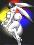 2000 3:4 anthro biped black_hair blue_eyes breasts captain_bokko chest_tuft claws dr_comet ear_markings facial_markings female fur hair head_markings hi_res lagomorph leporid long_ears looking_at_viewer looking_back mammal markings nipples osamu_tezuka rabbit raised_tail short_hair solo standing tail the_amazing_3 tuft white_body white_fur