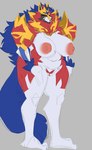 anthro areola big_breasts blue_body blue_fur breasts female fluffy fluffy_tail fur genitals multicolored_body multicolored_fur nipples pink_areola pink_nipples pussy red_body red_fur simple_background solo tail thick_thighs white_body white_fur wide_hips carsen nintendo pokemon crowned_shield_zamazenta generation_8_pokemon legendary_pokemon pokemon_(species) zamazenta absurd_res hi_res