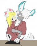 anthro bedroom_eyes bite biting_lip biting_own_lip blonde_hair blue_body blue_fur blue_skin blush clothed clothing cuddling desk drawing duo eyes_closed female flirting fluffy flustered fully_clothed fur furniture green_eyes grey_body grey_fur hair half-closed_eyes hoodie hug hugging_another hugging_from_behind licking lidded_eyes love male male/female narrowed_eyes neck_lick seductive self_bite simple_background sitting table teasing tongue tongue_out topwear white_background white_body white_fur serulean mythology andrev smiley_(nicholas_p_wilde) arctic_fox canid canine dragon fox luck_dragon mammal mythological_creature mythological_scalie scalie true_fox 2017 4:5 flat_colors