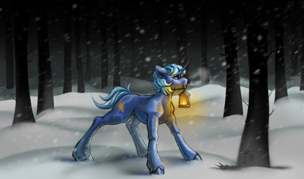 blue_body blue_fur blue_hooves blue_horn blue_mane blue_tail cutie_mark ear_tuft feathering feral forest fur grass holding_in_mouth holding_lantern holding_object hooves horn lamp lantern light male mane medium_tail night orange_eyes outside plant quadruped short_mane snow snowing solo tail tree tuft unguligrade unicorn_horn winter rayrage hasbro my_little_pony mythology fan_character equid equine mammal mythological_creature mythological_equine unicorn 2026 absurd_res colored digital_drawing_(artwork) digital_media_(artwork) english_description hi_res lighting shaded