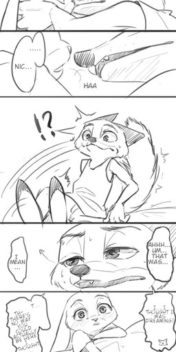 anthro blush bodily_fluids clothed clothing duo female fur interrobang male sweat ailu_h0 disney zootopia judy_hopps nick_wilde canid canine fox lagomorph leporid mammal rabbit red_fox true_fox 2017 comic