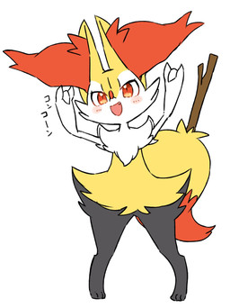 3_fingers 3_toes ambiguous_anthro ambiguous_gender anthro arm_tuft big_tail biped black_body black_fur blush blush_lines blush_stickers cheek_tuft chest_tuft cute_fangs digitigrade dipstick_tail eyelashes facial_tuft fangs feet fingers front_view fur gesture hand_gesture hip_tuft inner_ear_fluff looking_at_viewer markings multicolored_body multicolored_fur nude_ambiguous nude_anthro object_in_tail open_mouth open_smile orange_body orange_eyes orange_fur orange_inner_ear_fluff orange_nose orange_tail_tip rawr shoulder_tuft simple_background smile snout solo standing stick stick_in_tail tail tail_markings teeth text toes tuft two_tone_tail white_background white_body white_fur yellow_body yellow_fur yellow_tail yakiniku628 nintendo pokemon braixen canid generation_6_pokemon mammal pokemon_(species) 2020 colored digital_drawing_(artwork) digital_media_(artwork) flat_colors full-length_portrait hi_res japanese_text portrait translated