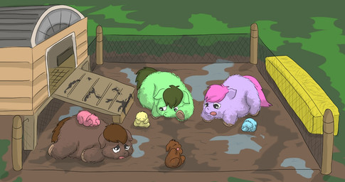 ambiguous_feral ambiguous_gender black_eyes blue_body blue_fur brown_body brown_fur brown_hair brown_tail covering covering_eyes covering_face eyes_closed feces fence feral fur green_body green_fur green_hair green_tail group hair hay hay_bale looking_at_another lying monotone_body monotone_fur neonate on_front open_mouth outside pained_expression pink_body pink_fur pink_hair pink_tail purple_body purple_fur sad sitting tail yellow_body yellow_fur young young_ambiguous young_feral carpdime fluffy_pony fluffy_pony_(species) mammal