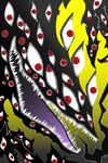2022 2:3 ambiguous_gender bandai_namco big_mouth_(anatomy) digimon eye_creature eyes_everywhere eyesmon gradient_background leviashark long_mouth looking_at_viewer monster multi_eye nightmare_fuel not_furry open_mouth red_eyes shadow_creature sharp_teeth simple_background solo teeth yellow_background
