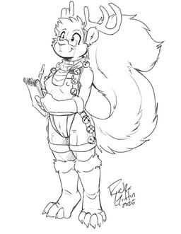 anthro antler_headband bell big_tail breasts casual_exposure claws clothed clothing eyewear female fluffy fluffy_tail genitals glasses harness legwear nipples notebook pen public public_exposure scarf smile solo stockings tail vulva waiter working rick_griffin mammal rodent sciurid tree_squirrel 2025 monochrome sketch