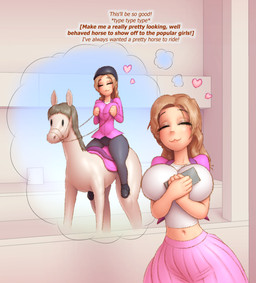 :3 big_breasts bimbofied black_clothing black_footwear black_shoes blonde_hair bottomwear breasts bridle careful_what_you_wish_for cat_smile clasped_hands clothing crop_top daydream dialogue duo eyes_closed female feral footwear grey_bottomwear grey_clothing grey_pants hair hand_on_breast heart_symbol holding_device holding_object horseback_riding human_focus imminent_transformation intelligence_loss jacket misinterpreted_wish misunderstanding monkey_paw mount navel pants pink_bottomwear pink_clothing pink_jacket pink_skirt pink_topwear pre-transformation quadruped reality_shift reins riding riding_helmet saddle shirt shoes skirt talking_to_self text thought_bubble topwear white_clothing white_crop_top white_topwear wish_twisting writing_into_reality bendzz equid equine horse human mammal english_text hi_res