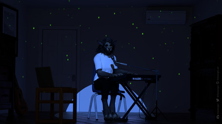 3_toes 4_fingers anthro black_nose breasts chair clothed clothing digitigrade ears_back electronics eyewear feet female fingers fully_clothed fur furniture glasses grey_body grey_fur hair keyboard_instrument microphone musical_instrument pivoted_ears small_breasts solo stage toes thatworgen blizzard_entertainment warcraft canid mammal werecanid werecreature worgen 16:9 2021 3d_(artwork) 4k absurd_res autodesk_3ds_max_(artwork) digital_media_(artwork) hi_res watermark widescreen