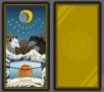 card card_template detailed_background duo fortune_telling fur hair major_arcana male moon outside ruins sky smile standing tarot tarot_card the_moon_(tarot) tower water white_body white_fur lupelongo arthropod canid canine canis crustacean decapoda lobster malacostracan mammal marine wolf 2019 absurd_res digital_media_(artwork) hi_res