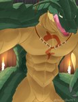 abs anthro candle claws green_body green_eyes jewelry licking licking_lips looking_at_viewer male muscular muscular_male necklace pupils sharp_teeth slit_pupils solo teeth tongue tongue_out plus-alpha overlord_(series) zenberu_gugu crocodilian lizardman lizardman_(overlord) reptile scalie 2022 digital_media_(artwork) hi_res