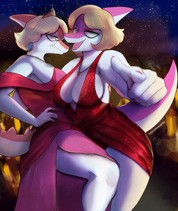 abstract_background anthro big_breasts blonde_hair breasts cleavage_cutout clothed clothing crown curvy_figure cutout dress duo ear_piercing ear_ring female fur gesture hair hand_gesture headgear jewelry long_tail looking_at_viewer magenta_body magenta_scales mature_anthro mature_female multicolored_body multicolored_scales necklace night off_shoulder one_eye_closed open_mouth orange_body orange_scales outside piercing pointing pointing_at_viewer ring_piercing scales short_hair side_boob smile snout spikes spikes_(anatomy) tail teal_eyes thick_thighs tiara two_tone_body two_tone_scales white_body white_fur wink winking_at_viewer deadassspider cavemanon_studios goodbye_volcano_high ko_op_(game_developer) snoot_game cassandra_(snoot_game) naomi_(gvh) dinosaur hadrosaurid ornithischian ornithopod parasaurolophus prehistoric_species reptile scalie 2023 digital_drawing_(artwork) digital_media_(artwork) hi_res daughter_(lore) mother_(lore) mother_and_child_(lore) mother_and_daughter_(lore) parent_(lore) parent_and_child_(lore) parent_and_daughter_(lore)