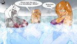 anthro big_breasts blush breasts cleavage clothed clothing dialogue female group hot_tub huge_breasts one-piece_swimsuit swimwear text chrisandcompany daryl_vecat kelsey_sienna neve_vecat domestic_cat felid feline felis mammal mephitid skunk 7:4 absurd_res english_text hi_res