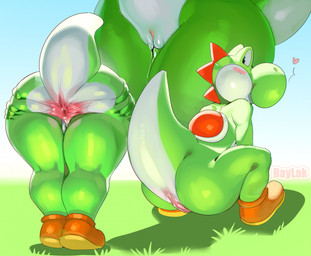 anus blush bodily_fluids butt close-up clothing crouching female footwear genital_fluids genitals grass green_body heart_symbol looking_back multiple_poses outside plant pose rear_view shoes smile solo spread_anus spread_butt spreading text vaginal_fluids vulva raylak_m mario_bros nintendo green_yoshi yoshi 2025 artist_name hi_res