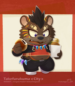 anthro belly bottomwear brown_body brown_fur chibi clothing food fur male pants shirt slightly_chubby solo text topwear nekotiger_(artist) sengoku_puzzle takefurukuma bear mammal 2020