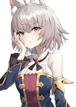 ahoge animal_ears bare_shoulders black_nails blush bodily_fluids breasts clothing colored_nails cosplay female female_humanoid fluffy_ears gem glistening glistening_hair grey_hair hair hair_between_eyes hand_on_own_face humanoidized medium_breasts nails pouting short_hair simple_background sleveless_shirt tears white_background yellow_eyes suou-sensei cygames fate_(series) princess_connect! type-moon avenger_jeanne_d'arc_alter jeanne_d'arc_(fate) karyl_(princess_connect!) animal_humanoid felid felid_humanoid feline feline_humanoid humanoid mammal mammal_humanoid