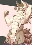 abs anthro areola arm_tuft balls black_nose black_sclera blush bodily_fluids bottomwear bottomwear_down brown_body brown_fur censor_bar clothed clothing countershading dripping ear_piercing ear_ring elbow_tuft erection fluffy fluffy_tail foreskin fur genital_fluids genitals glans green_eyes hand_behind_head humanoid_genitalia humanoid_penis kemono male mane mostly_nude mostly_nude_anthro mostly_nude_male muscular muscular_anthro muscular_male navel nipples pants pants_down partially_clothed pecs penis piercing pink_areola pink_glans pink_nipples pose precum precum_drip ring_piercing serratus solo striped_body striped_fur stripes tail tan_body tan_fur tuft white_balls white_body white_fur white_penis reizohozon lifewonders tokyo_afterschool_summoners seth_(tas) canid canine canis jackal mammal 2020 censored digital_media_(artwork) portrait three-quarter_portrait