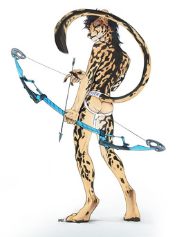 5_fingers anthro archer arm_markings arrow_(weapon) athletic athletic_anthro athletic_male back_markings barefoot bedroom_eyes biped black_body black_eyes black_fur black_hair black_lips black_mane black_markings black_nose black_pawpads black_spots black_tail_tip black_text blue_sclera blue_text bow_(weapon) bulge bulge_from_behind butt claws clothed clothed_anthro clothed_male clothing countershade_face countershade_fur countershade_neck countershading digitigrade dipstick_tail facial_markings fangs feet finger_claws fingerpads fingers fur fur_markings hair head_markings hip_markings holding_bow_(weapon) holding_object holding_ranged_weapon holding_weapon humanoid_hands jockstrap jockstrap_only leg_markings lips long_tail looking_at_viewer looking_back looking_back_at_viewer male male_anthro mane mane_hair markings monotone_hair monotone_mane multicolored_body multicolored_fur narrowed_eyes neck_markings one_fang pawpads pose presenting presenting_hindquarters raised_tail ranged_weapon rear_view seductive shoulder_markings simple_background slim slim_anthro slim_male smile smiling_at_viewer solo spots spotted_body spotted_fur standing tail tail_markings tan_body tan_fur teeth text text_on_clothing text_on_jockstrap text_on_underwear three-quarter_view topless topless_anthro topless_male underwear underwear_only weapon white_background white_body white_claws white_clothing white_countershading white_fur white_jockstrap white_underwear hale. zep_archer cheetah felid feline mammal artist_name full-length_portrait hi_res pinup portrait signature