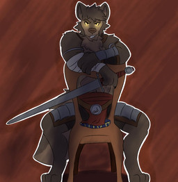 anthro armor belt chair clothed clothed_anthro clothed_male clothing furniture glowing glowing_eyes male male_anthro melee_weapon simple_background sitting_backwards solo sword weapon chromawolf far_beyond_the_world_(series) erof_(far_beyond_the_world) canid canine canis mammal wolf