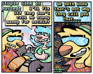 2_panel_comic aloha_shirt anthro blue_hair cigarette cigarette_in_mouth clothing dialogue eyewear eyewear_on_head fangs floppy_ears fur hair half-closed_eyes hat headgear headwear humor male narrowed_eyes object_in_mouth open_mouth open_smile pattern_clothing pattern_shirt pattern_topwear shirt smile smoking_tobacco speech_bubble sunglasses sunglasses_on_head t-shirt tan_body tan_fur teeth text topwear wearing_sunglasses wide_eyed yellow_body yellow_fur rawdawgcomics mandy_(rawdawgcomics) stahli_(rawdawgcomics) bird_dog canid canine canis domestic_dog golden_retriever hunting_dog mammal retriever 5:4 comic english_text trans_(lore) trans_woman_(lore)
